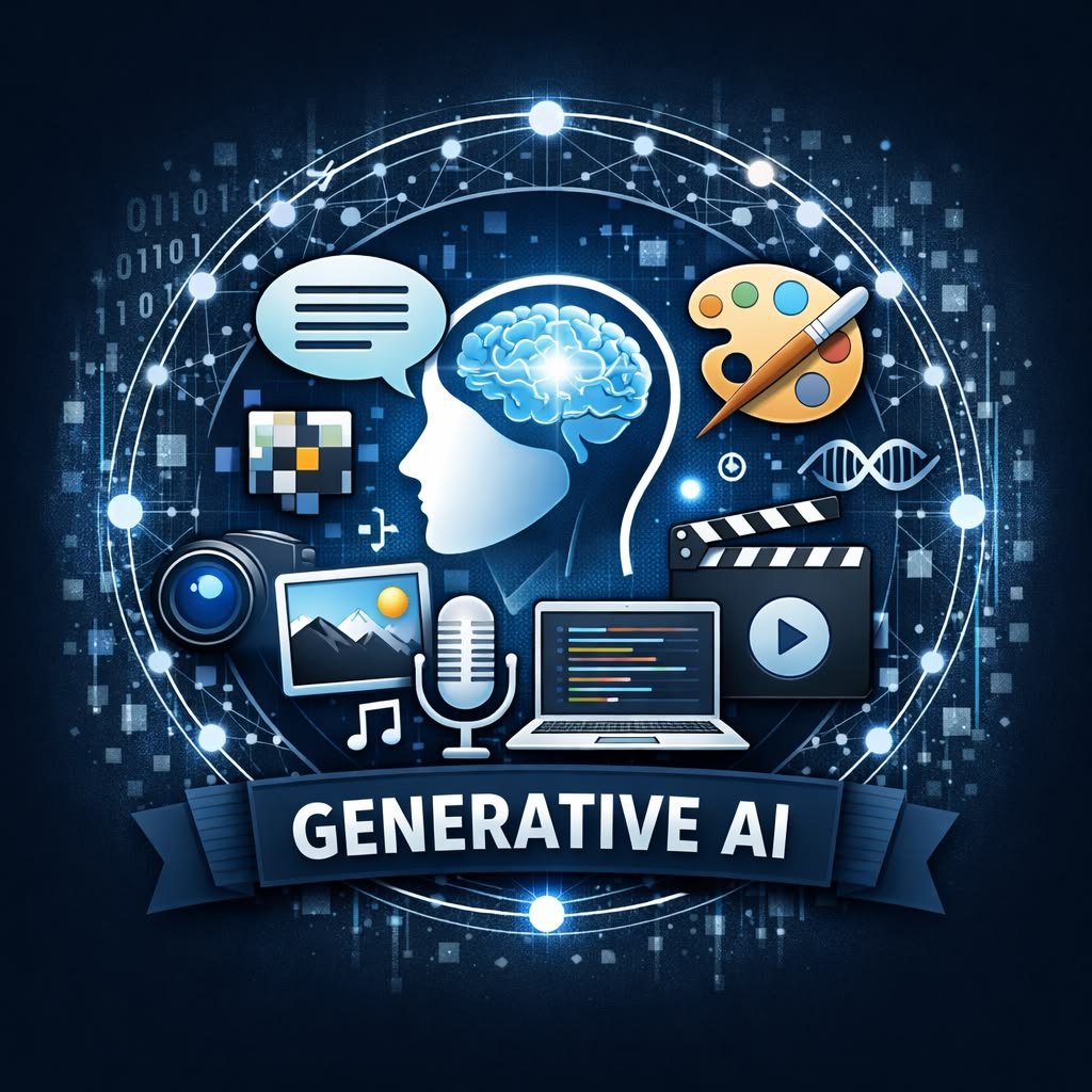 showing how Generative AI creates new content from learned data. this is generative AI guide.