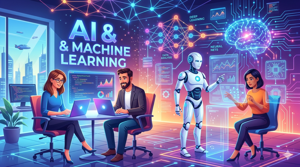 Creative graphic for Introduction to AI and Machine Learning featuring humans, AI interfaces, and neural network patterns