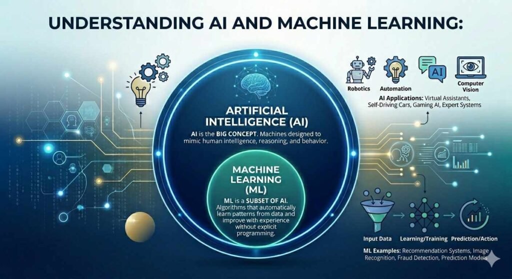 A blue-toned infographic illustrating the nested relationship of AI and Machine Learning. The main title is "UNDERSTANDING AI AND MACHINE LEARNING:" with a central brain icon, text defining AI and ML, lists of applications, and a data-to-prediction flowchart.