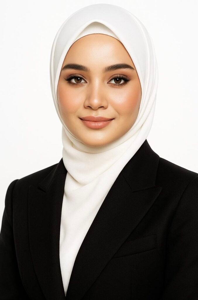 A professional studio portrait of a young woman wearing a white hijab and a black formal blazer against a plain white background. She has a gentle smile and a professional demeanor. The lighting is bright and even, creating a clean and modern look.