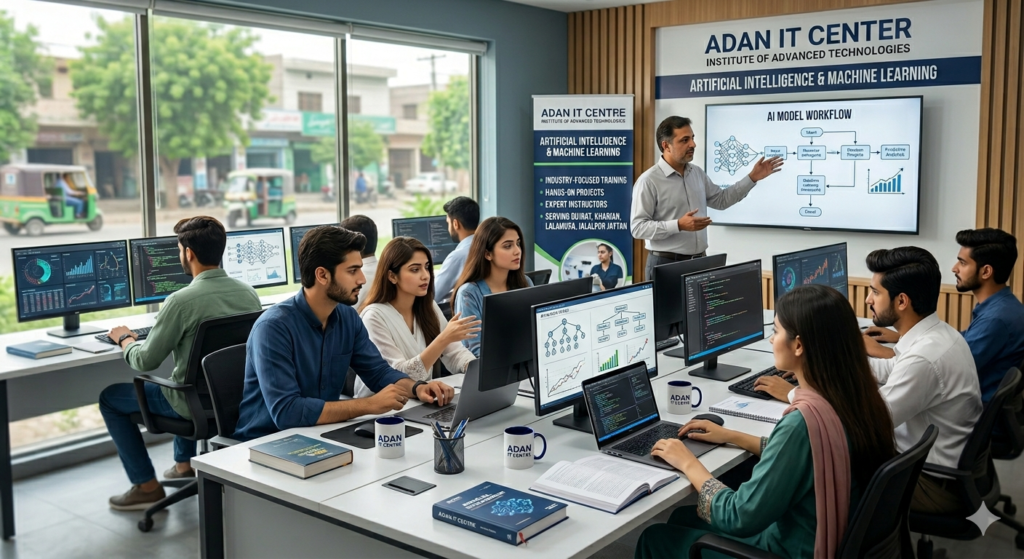 A modern classroom setting at Adan IT Centre in Gujrat, Pakistan, where diverse students are working on laptops and desktop monitors. A professional instructor stands at the front pointing to a digital screen displaying an "AI Model Workflow" diagram. The room is bright and professional, featuring posters for Artificial Intelligence & Machine Learning training and windows overlooking a street in Gujrat.