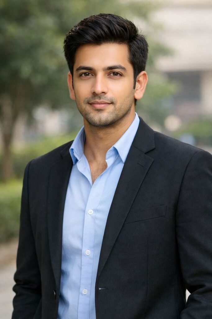 A professional headshot of a young Pakistani man in a navy blue suit and patterned tie against a plain light gray background.